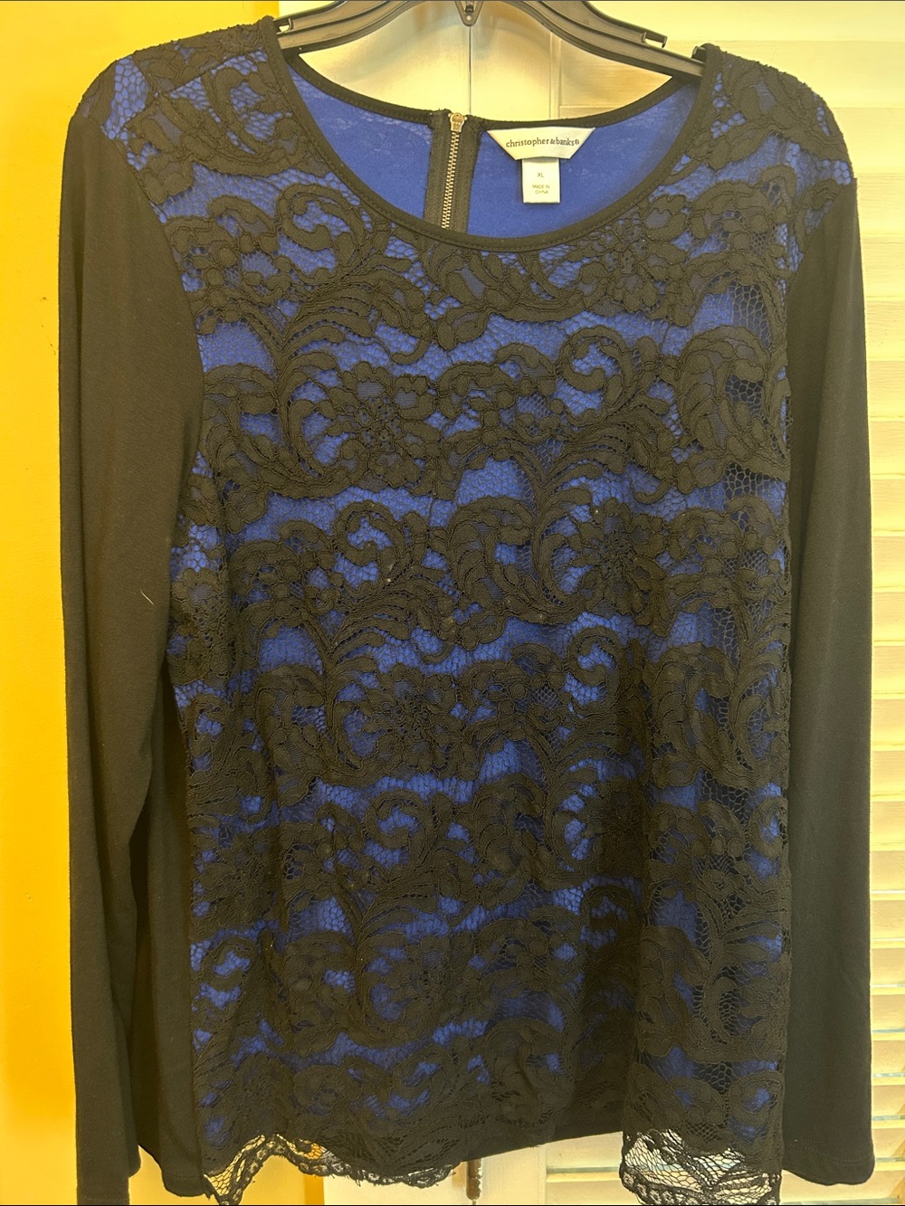 Christopher & Banks Black Lace-Overlay Long Sleeve Top with Blue Lining